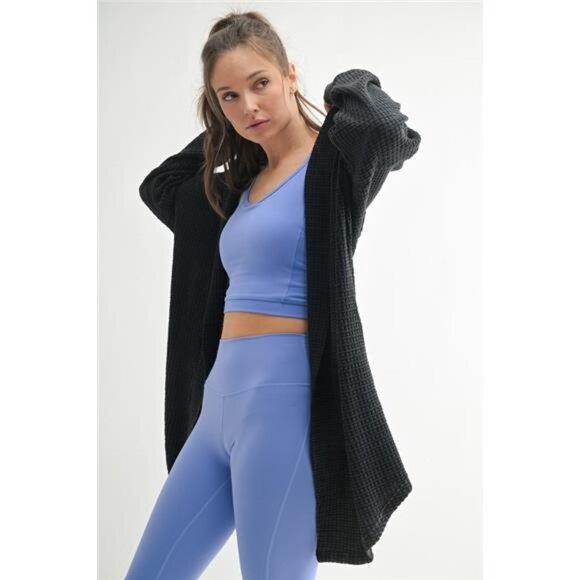 MONO B Chunky Waffle Mineral Wash Hooded‎ Open Cardigan - Picture 2 of 4